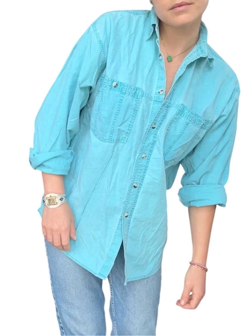Vintage Cotton Turquoise Vintage Button-Up Shirt by Rizer
